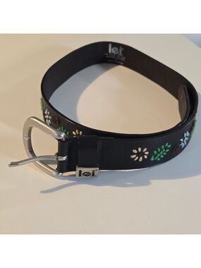 Lei Black Leather Embroidered Floral Women's Belt